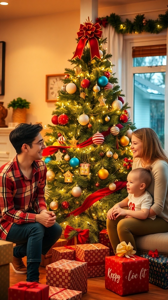 A happy family celebrating Christmas together around a decorated tree.